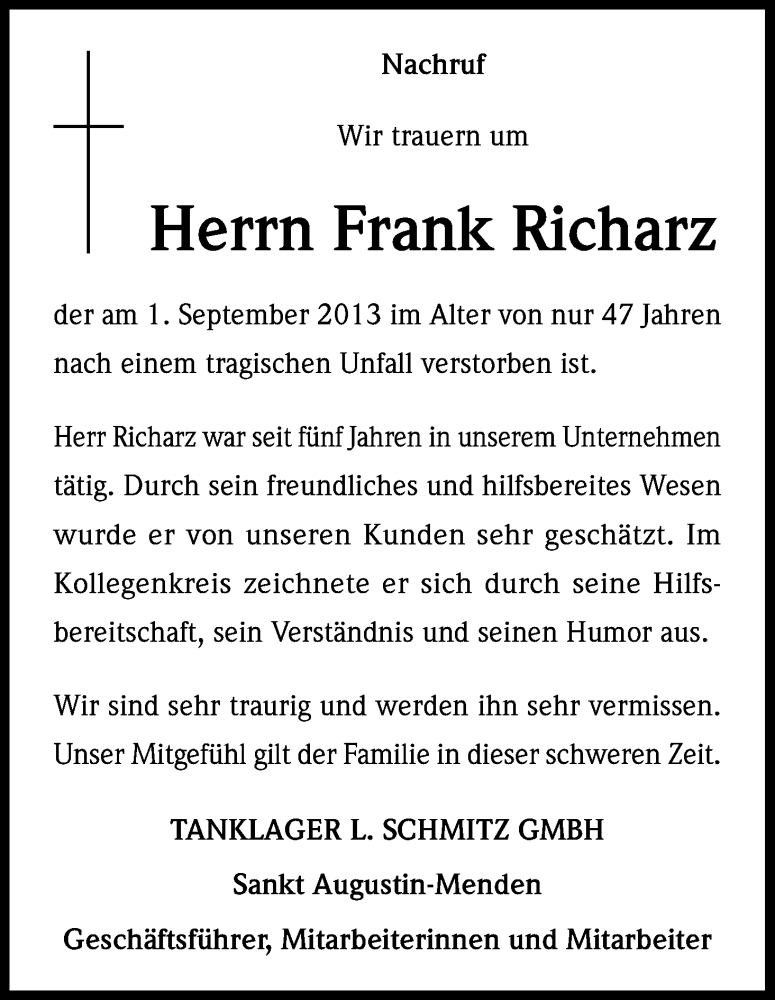  Traueranzeige für Frank Richarz vom 07.09.2013 aus Kölner Stadt-Anzeiger / Kölnische Rundschau / Express