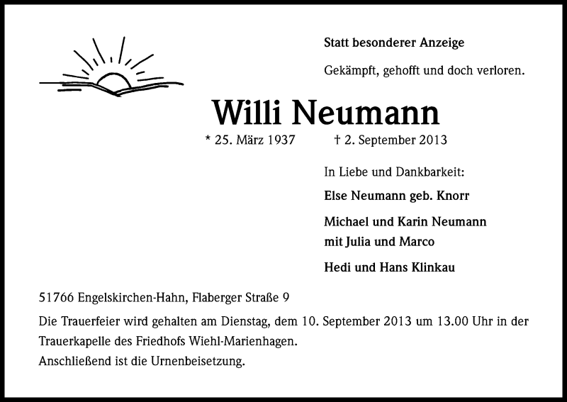  Traueranzeige für Willi Neumann vom 07.09.2013 aus Kölner Stadt-Anzeiger / Kölnische Rundschau / Express