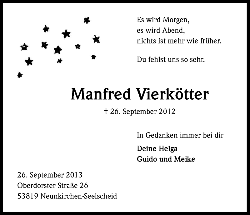  Traueranzeige für Manfred Vierkötter vom 26.09.2013 aus Kölner Stadt-Anzeiger / Kölnische Rundschau / Express