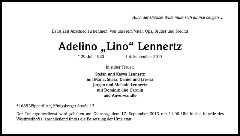  Traueranzeige für Adelino Lennertz vom 14.09.2013 aus Kölner Stadt-Anzeiger / Kölnische Rundschau / Express