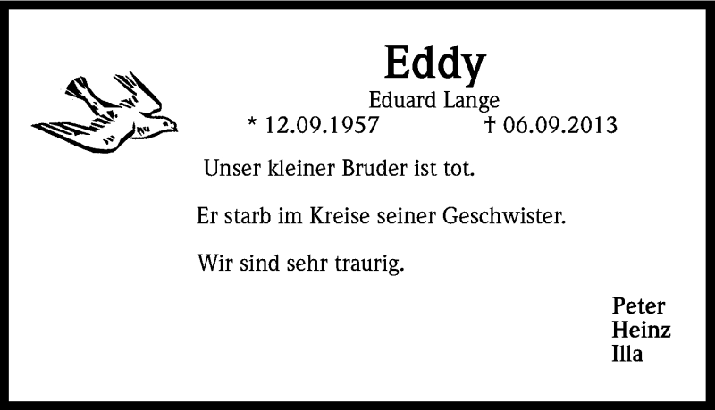  Traueranzeige für Eduard Lange vom 21.09.2013 aus Kölner Stadt-Anzeiger / Kölnische Rundschau / Express
