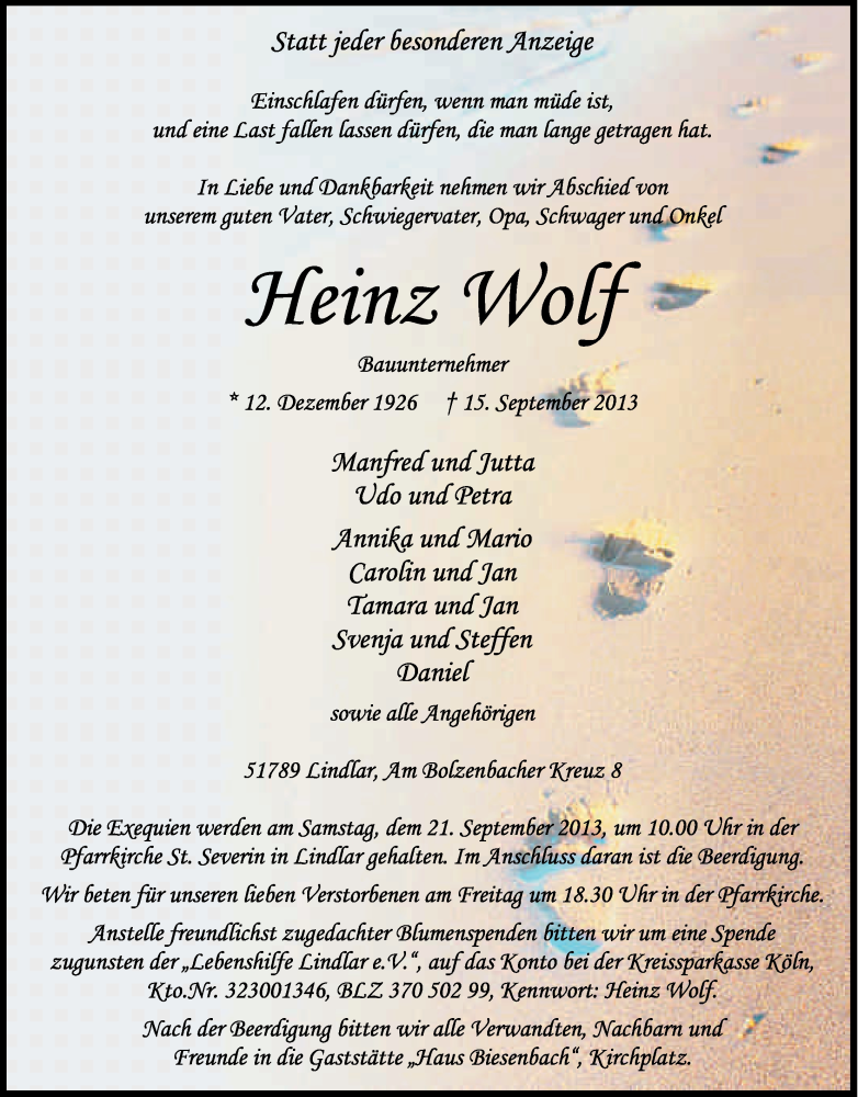  Traueranzeige für Heinz Wolf vom 18.09.2013 aus Kölner Stadt-Anzeiger / Kölnische Rundschau / Express