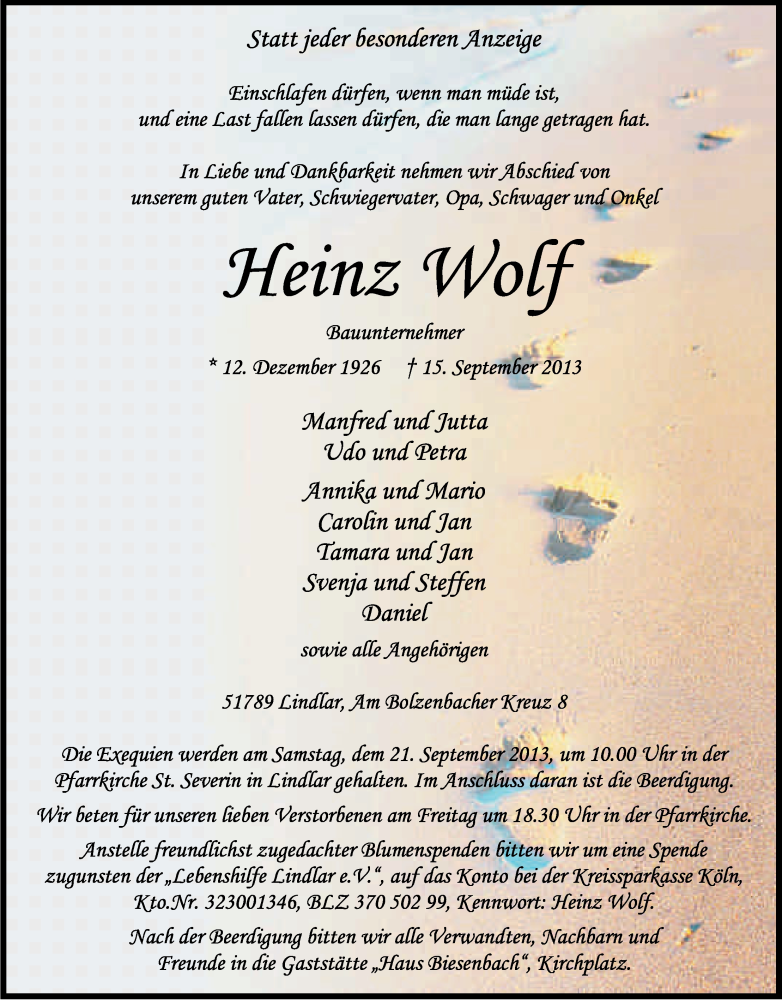  Traueranzeige für Heinz Wolf vom 18.09.2013 aus Kölner Stadt-Anzeiger / Kölnische Rundschau / Express