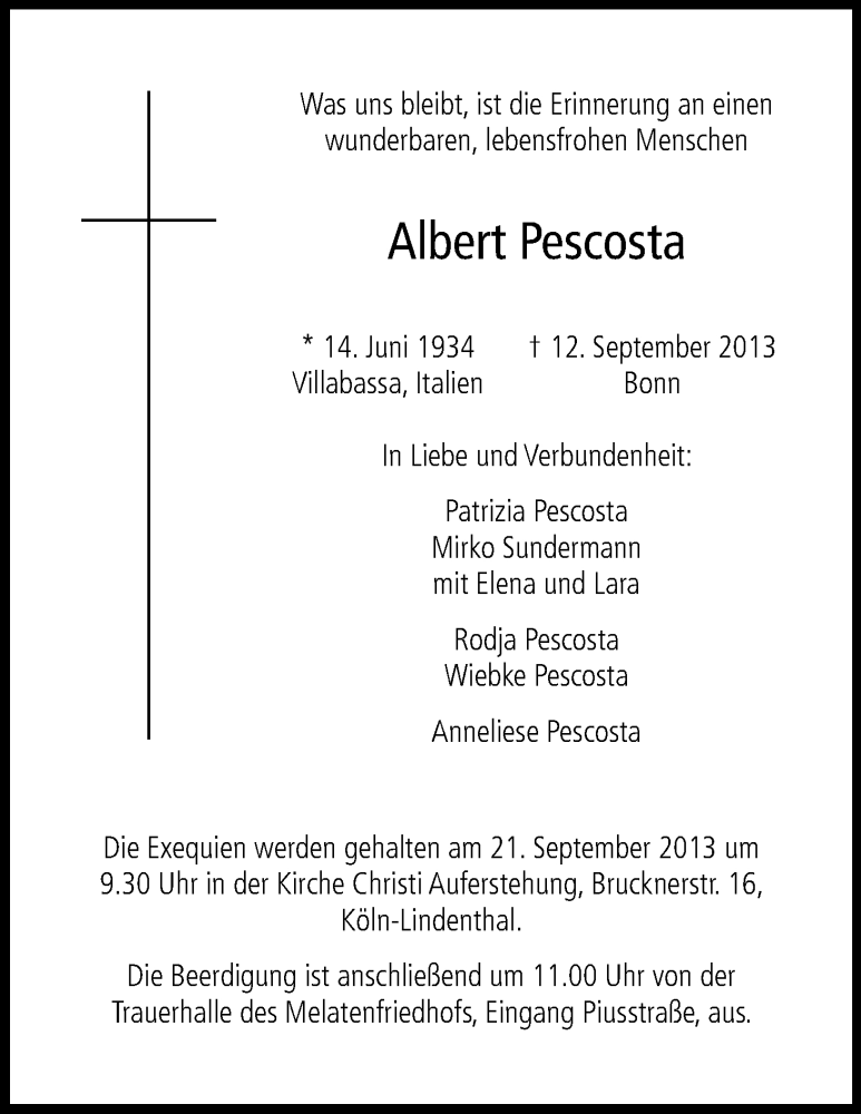 Traueranzeige für Albert Pescosta vom 18.09.2013 aus Kölner Stadt-Anzeiger / Kölnische Rundschau / Express