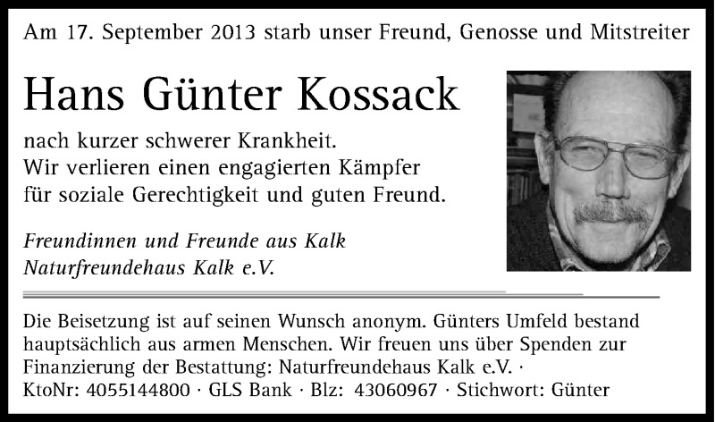  Traueranzeige für Hans Günter Kossack vom 21.09.2013 aus Kölner Stadt-Anzeiger / Kölnische Rundschau / Express
