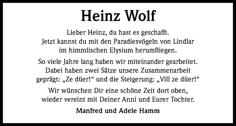  Traueranzeige für Heinz Wolf vom 21.09.2013 aus Kölner Stadt-Anzeiger / Kölnische Rundschau / Express