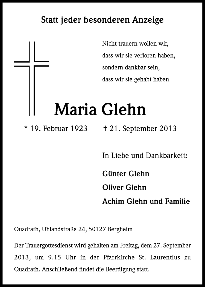  Traueranzeige für Maria Glehn vom 25.09.2013 aus Kölner Stadt-Anzeiger / Kölnische Rundschau / Express