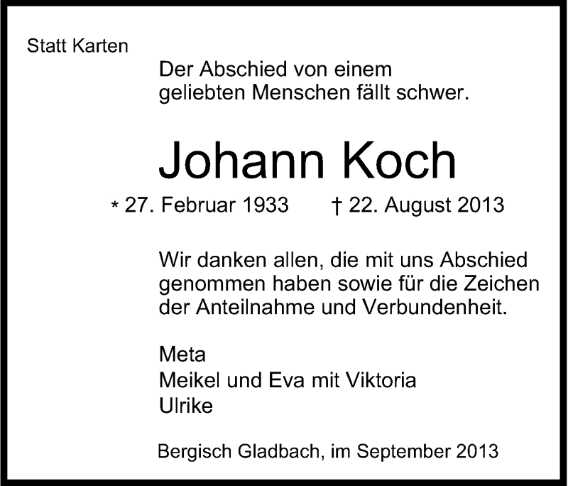 Traueranzeige für Johann Koch vom 25.09.2013 aus Kölner Stadt-Anzeiger / Kölnische Rundschau / Express