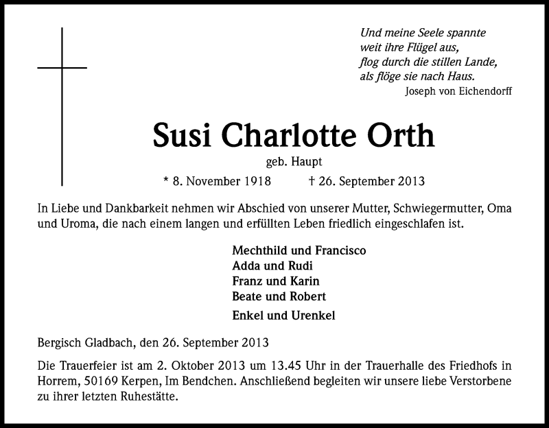  Traueranzeige für Susi Charlotte Orth vom 28.09.2013 aus Kölner Stadt-Anzeiger / Kölnische Rundschau / Express