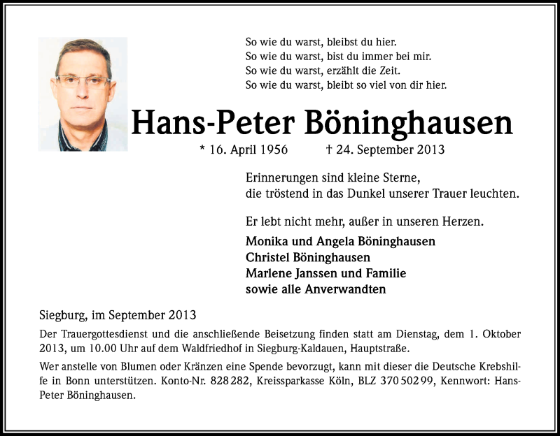  Traueranzeige für Hans-Peter Böninghausen vom 28.09.2013 aus Kölner Stadt-Anzeiger / Kölnische Rundschau / Express