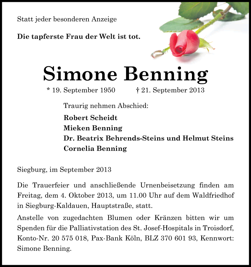  Traueranzeige für Simone Benning vom 28.09.2013 aus Kölner Stadt-Anzeiger / Kölnische Rundschau / Express