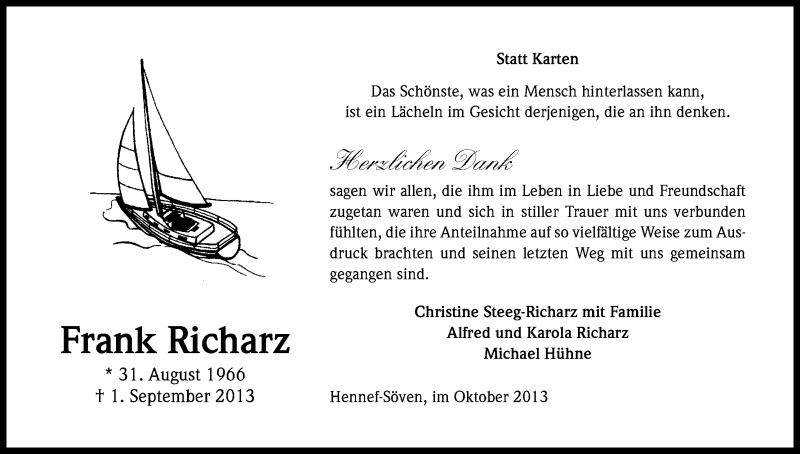  Traueranzeige für Frank Richarz vom 05.10.2013 aus Kölner Stadt-Anzeiger / Kölnische Rundschau / Express