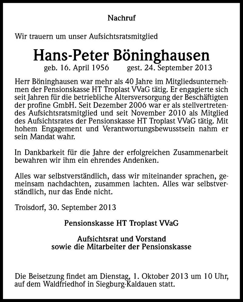  Traueranzeige für Hans-Peter Böninghausen vom 01.10.2013 aus Kölner Stadt-Anzeiger / Kölnische Rundschau / Express