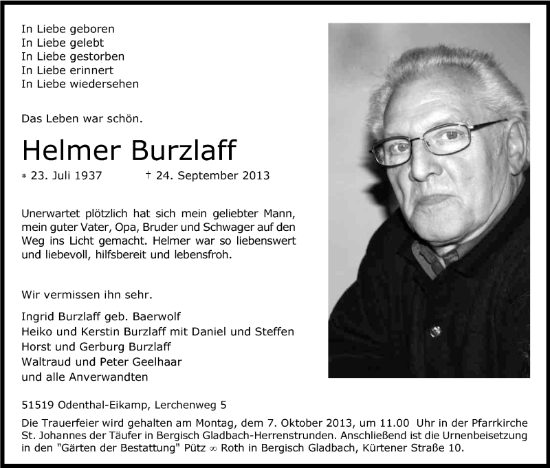  Traueranzeige für Helmer Burzlaff vom 02.10.2013 aus Kölner Stadt-Anzeiger / Kölnische Rundschau / Express