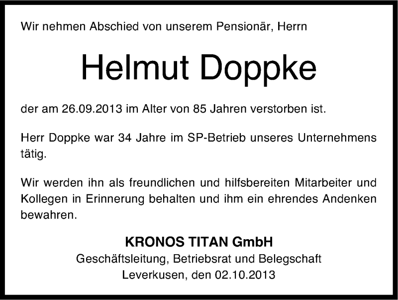  Traueranzeige für Helmut Doppke vom 02.10.2013 aus Kölner Stadt-Anzeiger / Kölnische Rundschau / Express