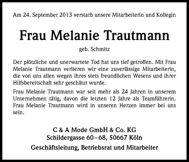  Traueranzeige für Melanie Trautmann vom 05.10.2013 aus Kölner Stadt-Anzeiger / Kölnische Rundschau / Express