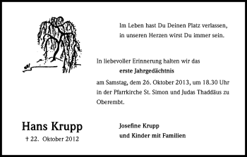 Anzeige von Hans Krupp von Kölner Stadt-Anzeiger / Kölnische Rundschau / Express