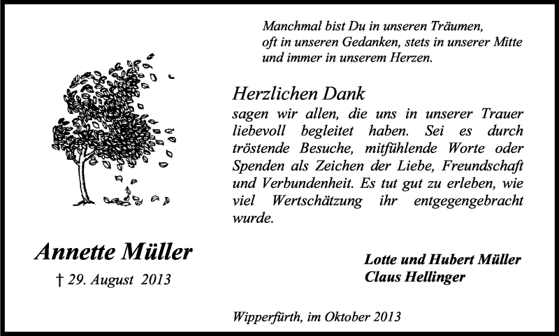  Traueranzeige für Annette Müller vom 12.10.2013 aus Kölner Stadt-Anzeiger / Kölnische Rundschau / Express