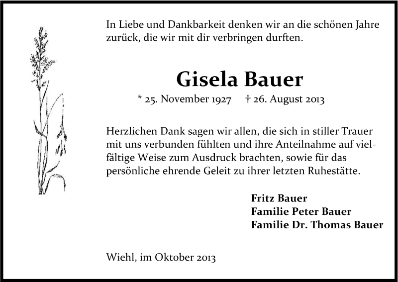  Traueranzeige für Gisela Bauer vom 12.10.2013 aus Kölner Stadt-Anzeiger / Kölnische Rundschau / Express