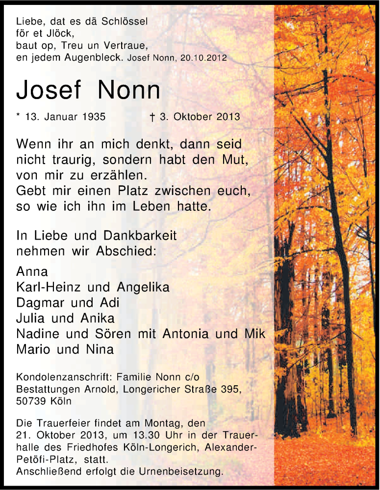  Traueranzeige für Josef Nonn vom 12.10.2013 aus Kölner Stadt-Anzeiger / Kölnische Rundschau / Express