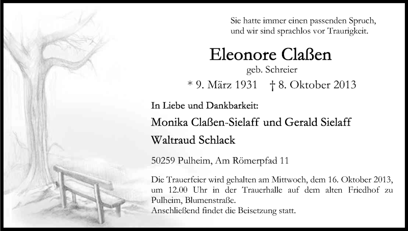  Traueranzeige für Eleonore Claßen vom 12.10.2013 aus Kölner Stadt-Anzeiger / Kölnische Rundschau / Express