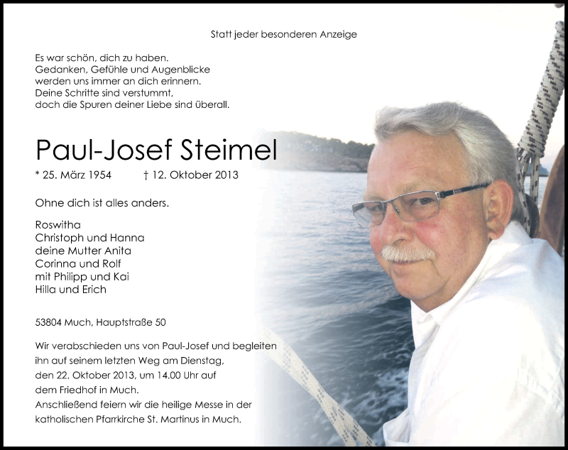  Traueranzeige für Paul-Josef Steimel vom 18.10.2013 aus Kölner Stadt-Anzeiger / Kölnische Rundschau / Express