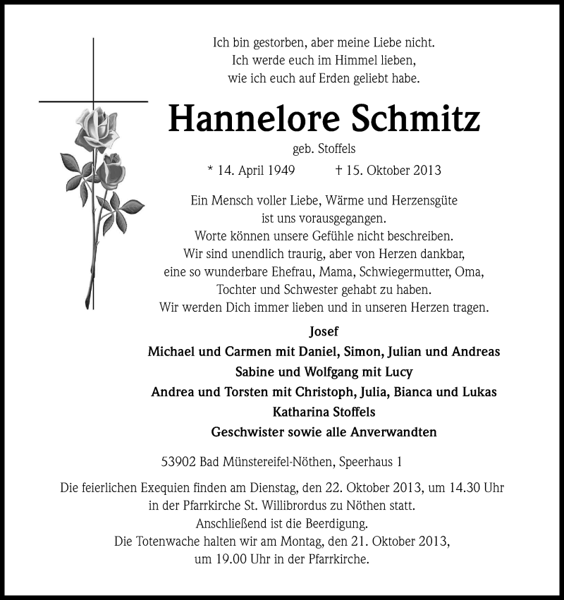  Traueranzeige für Hannelore Schmitz vom 18.10.2013 aus Kölner Stadt-Anzeiger / Kölnische Rundschau / Express