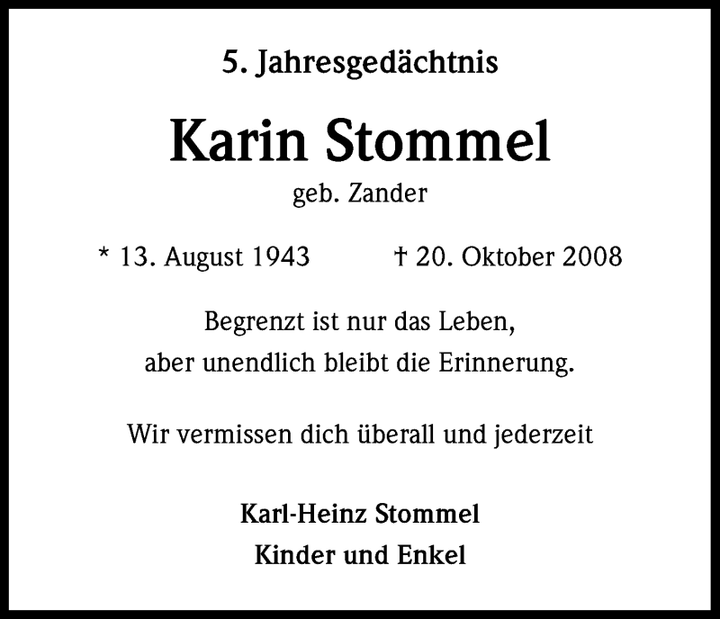  Traueranzeige für Karin Stommel vom 19.10.2013 aus Kölner Stadt-Anzeiger / Kölnische Rundschau / Express