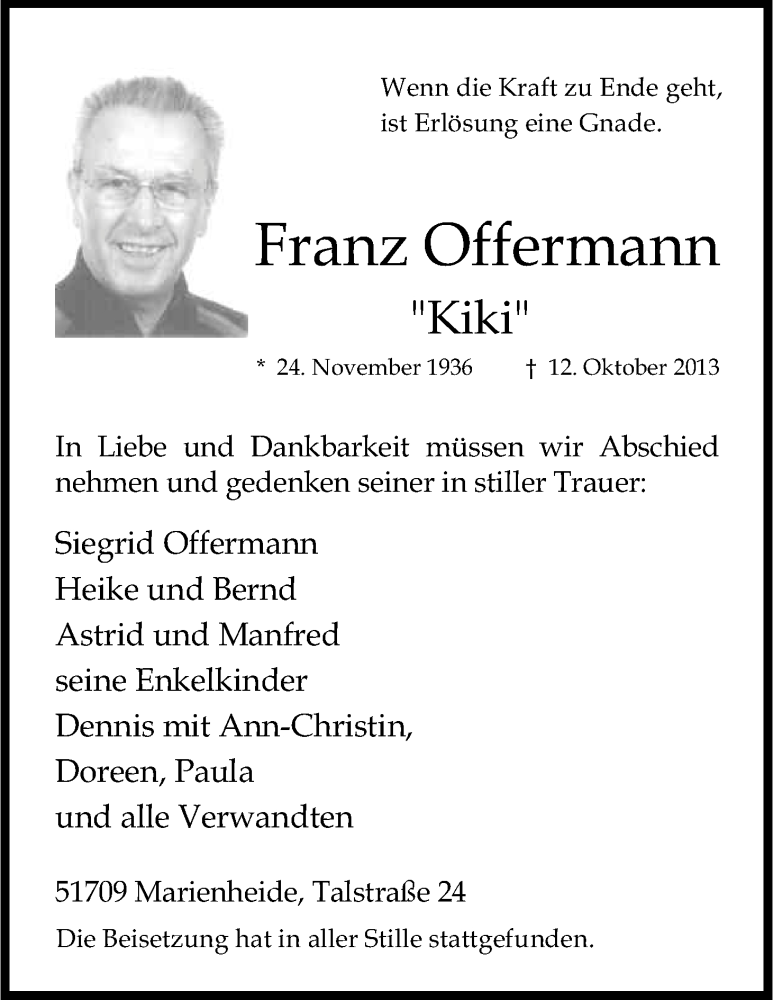  Traueranzeige für Franz Offermann vom 23.10.2013 aus Kölner Stadt-Anzeiger / Kölnische Rundschau / Express