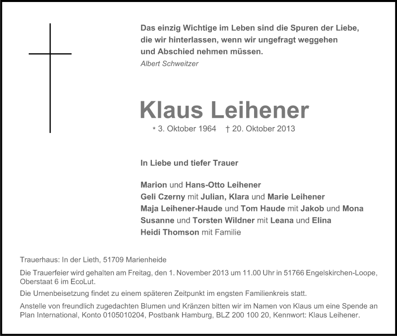  Traueranzeige für Klaus Leihener vom 26.10.2013 aus Kölner Stadt-Anzeiger / Kölnische Rundschau / Express