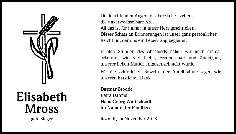  Traueranzeige für Elisabeth Mross vom 02.11.2013 aus Kölner Stadt-Anzeiger / Kölnische Rundschau / Express