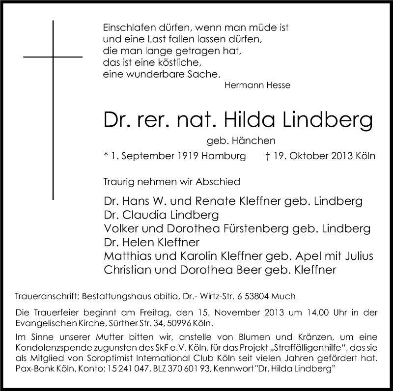  Traueranzeige für Hilda Lindberg vom 02.11.2013 aus Kölner Stadt-Anzeiger / Kölnische Rundschau / Express