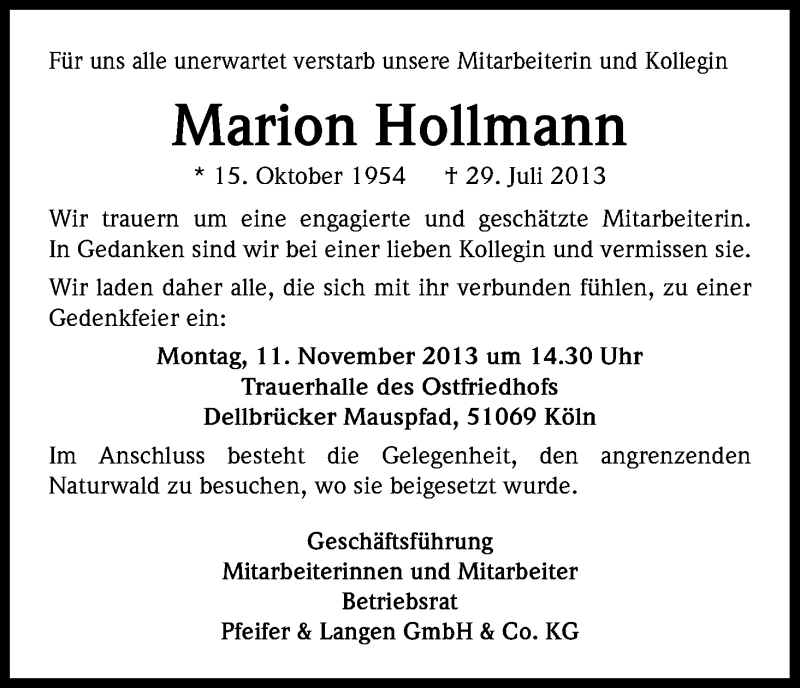  Traueranzeige für Marion Hollmann vom 02.11.2013 aus Kölner Stadt-Anzeiger / Kölnische Rundschau / Express
