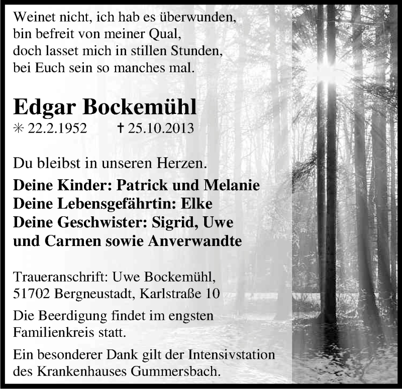  Traueranzeige für Edgar Bockemühl vom 31.10.2013 aus Kölner Stadt-Anzeiger / Kölnische Rundschau / Express