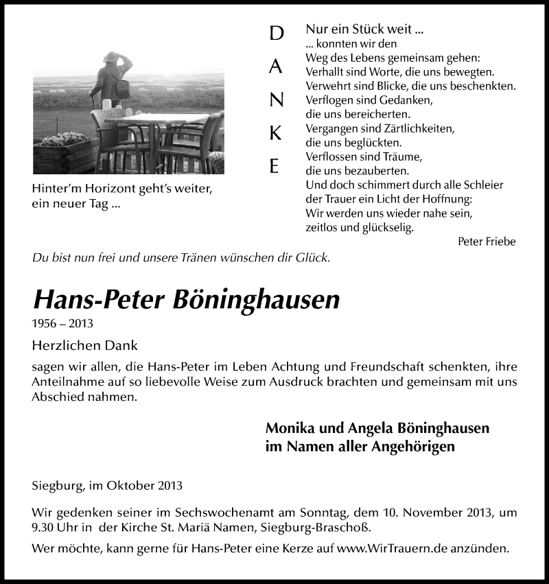  Traueranzeige für Hans-Peter Böninghausen vom 02.11.2013 aus Kölner Stadt-Anzeiger / Kölnische Rundschau / Express