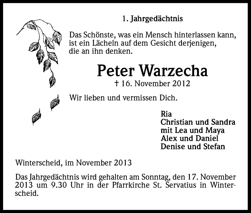  Traueranzeige für Peter Warzecha vom 16.11.2013 aus Kölner Stadt-Anzeiger / Kölnische Rundschau / Express