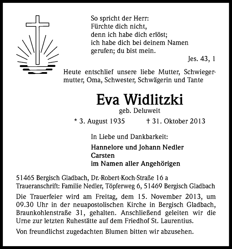  Traueranzeige für Eva Widlitzki vom 09.11.2013 aus Kölner Stadt-Anzeiger / Kölnische Rundschau / Express