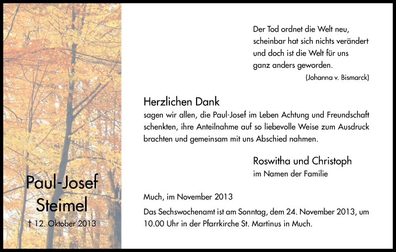  Traueranzeige für Paul-Josef Steimel vom 15.11.2013 aus Kölner Stadt-Anzeiger / Kölnische Rundschau / Express