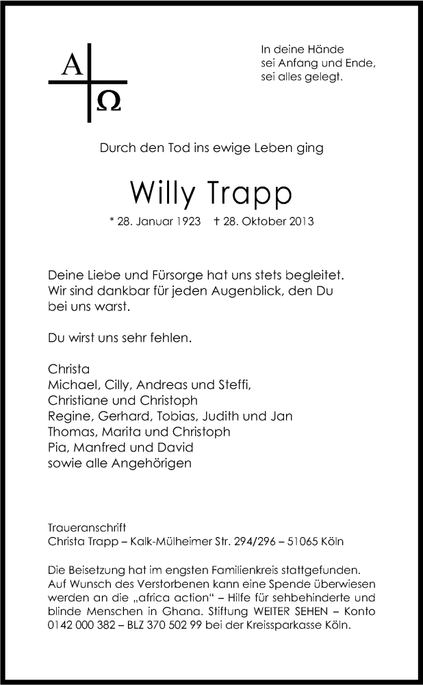  Traueranzeige für Willy Trapp vom 08.11.2013 aus Kölner Stadt-Anzeiger / Kölnische Rundschau / Express