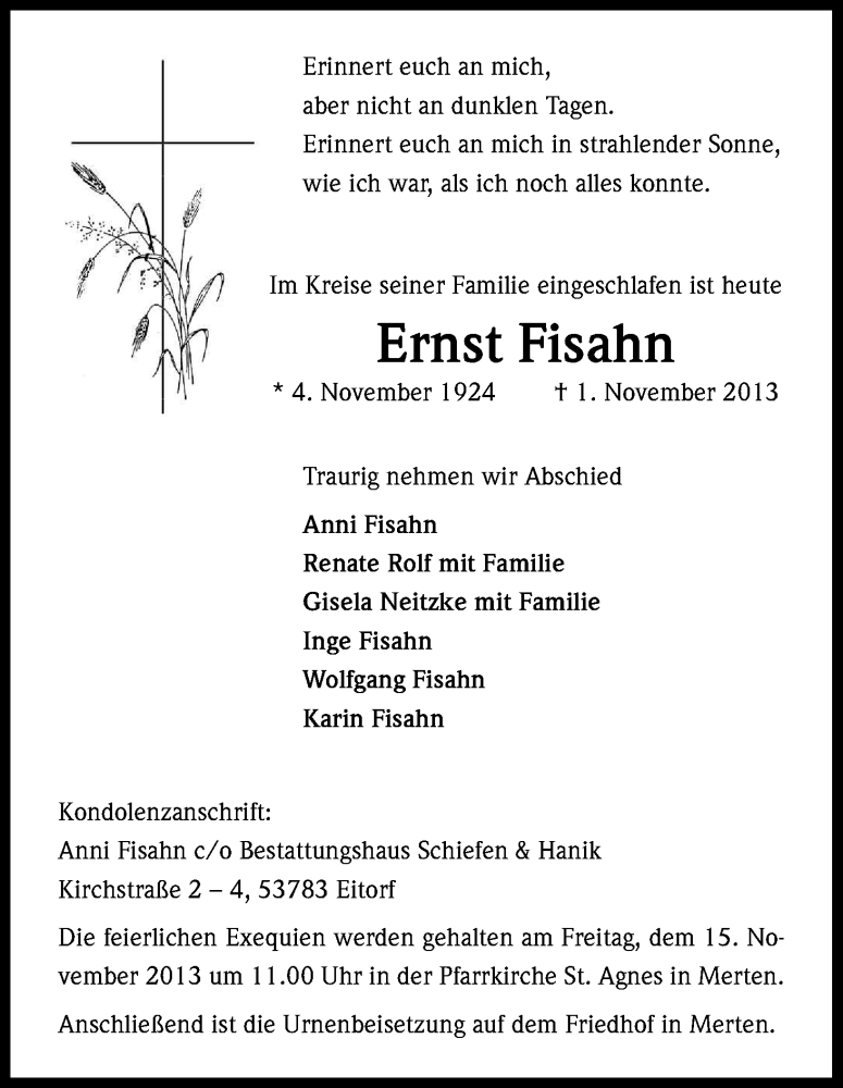  Traueranzeige für Ernst Fisahn vom 09.11.2013 aus Kölner Stadt-Anzeiger / Kölnische Rundschau / Express