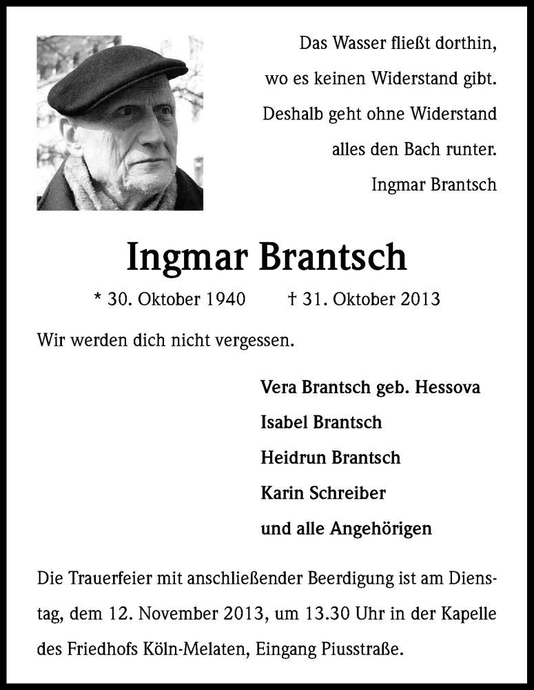  Traueranzeige für Ingmar Brantsch vom 09.11.2013 aus Kölner Stadt-Anzeiger / Kölnische Rundschau / Express