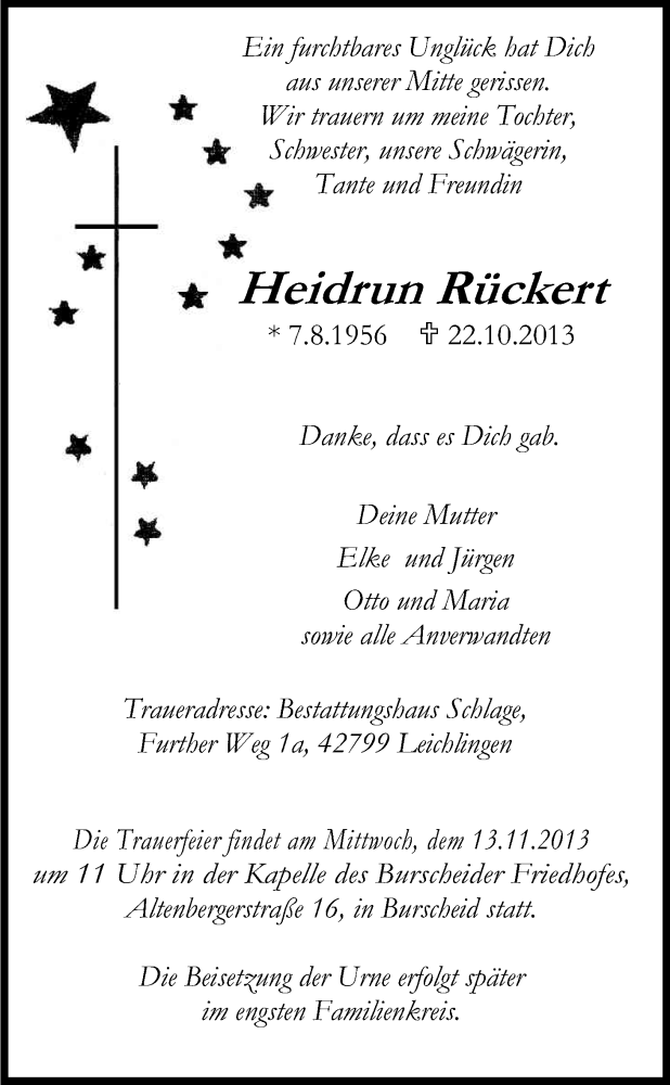  Traueranzeige für Heidrun Rückert vom 09.11.2013 aus Kölner Stadt-Anzeiger / Kölnische Rundschau / Express