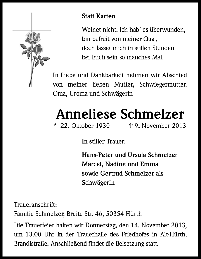  Traueranzeige für Anneliese Schmelzer vom 12.11.2013 aus Kölner Stadt-Anzeiger / Kölnische Rundschau / Express
