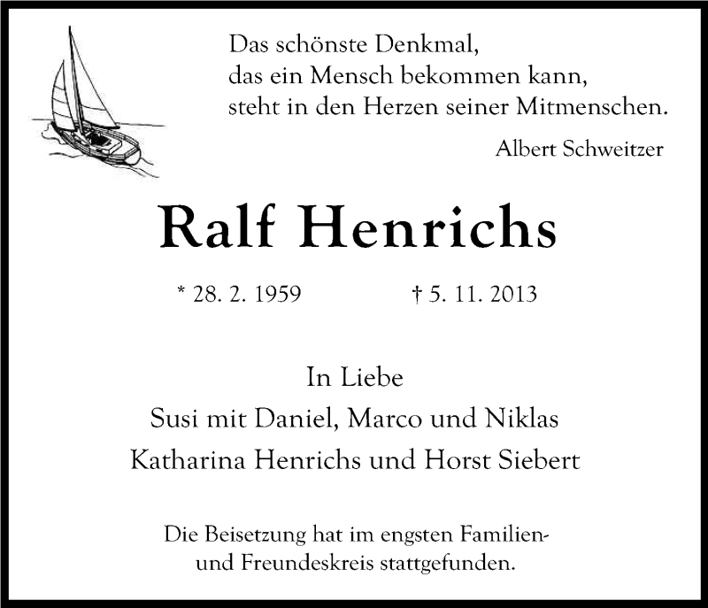  Traueranzeige für Ralf Henrichs vom 20.11.2013 aus Kölner Stadt-Anzeiger / Kölnische Rundschau / Express