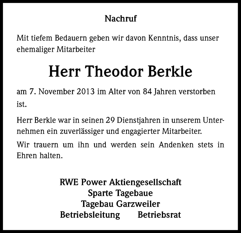  Traueranzeige für Theodor Berkle vom 15.11.2013 aus Kölner Stadt-Anzeiger / Kölnische Rundschau / Express