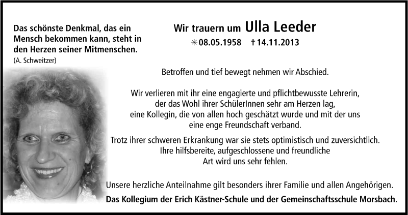  Traueranzeige für Ulla Leeder vom 22.11.2013 aus Kölner Stadt-Anzeiger / Kölnische Rundschau / Express
