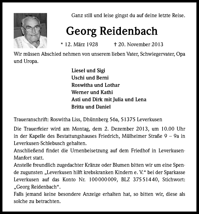  Traueranzeige für Georg Reidenbach vom 27.11.2013 aus Kölner Stadt-Anzeiger / Kölnische Rundschau / Express
