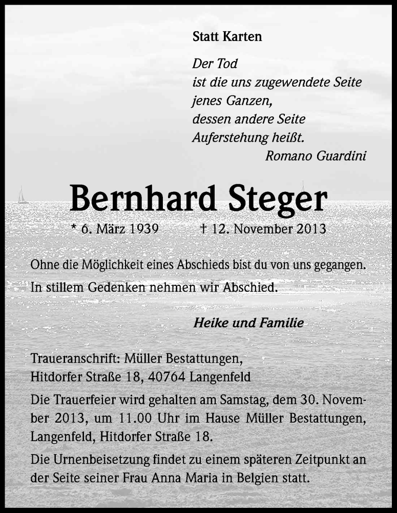 Traueranzeige für Bernhard Steger vom 23.11.2013 aus Kölner Stadt-Anzeiger / Kölnische Rundschau / Express
