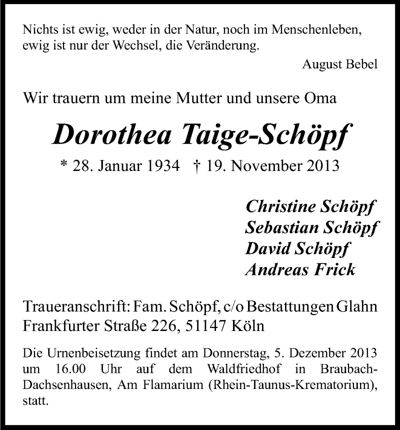 Traueranzeige für Dorothea Taige-Schöpf vom 23.11.2013 aus Kölner Stadt-Anzeiger / Kölnische Rundschau / Express