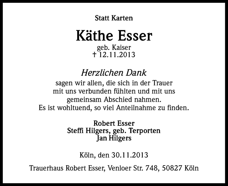  Traueranzeige für Käthe Esser vom 30.11.2013 aus Kölner Stadt-Anzeiger / Kölnische Rundschau / Express